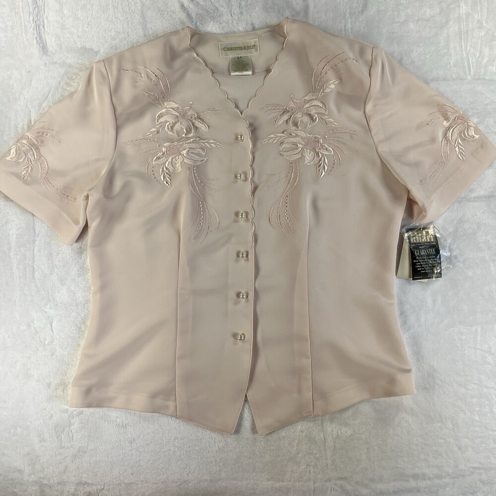 VTG Christie & Jill Pink Embroidered Blouse Shoulder Pads Scalloped Hem 4P NWT